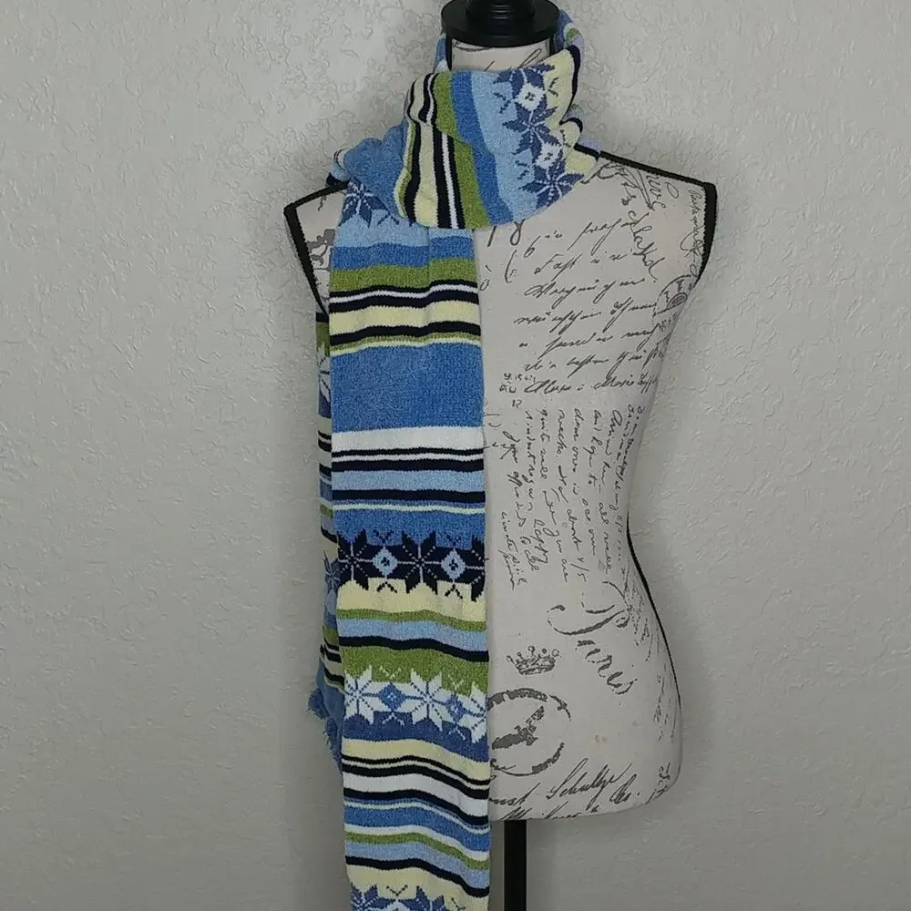 Multicolored Snowflake and Striped Scarf With Pom Poms Detail
